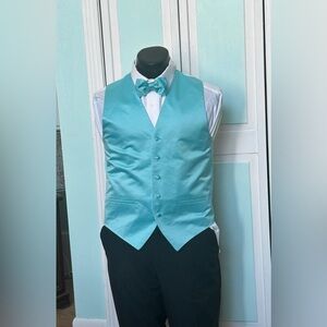 Pool Blue Aqua Satin Closed Back Vest Wedding Prom Men’s Small S with bow tie